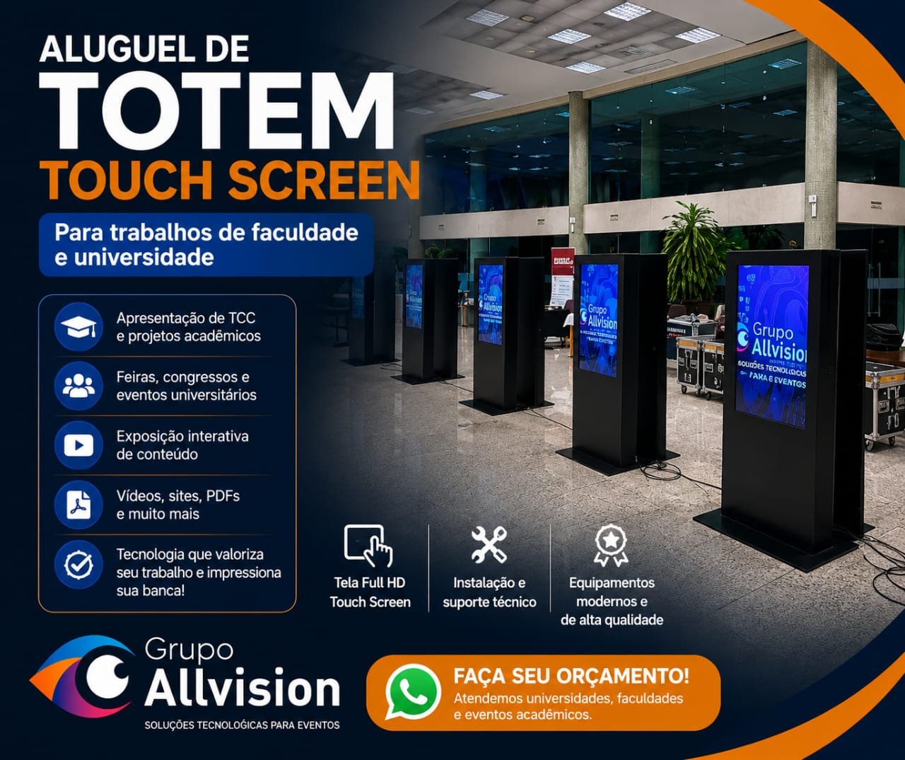 Aluguel de Totem Horizontal, Totem Touch Screen, Totem de Credenciamento e Totem Curvo para Eventos, Feiras, Workshops e Congressos em Curitiba e Araucária – PR